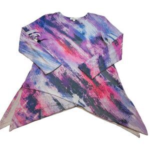 Jess & Jane Crepe Sweater Womens S Purple Blue Abstract Lightweight Asymmetrical